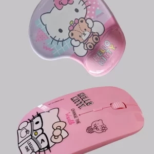 Pack mouse inalámbrico + mouse pad ergonómico hello kitty rosado para niñas, mujeres, ideal para lapto y computadoras